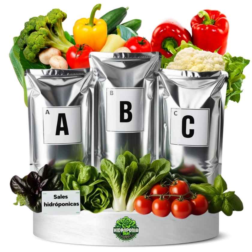 KIT A B C de nutrientes para cultivos hidroponicos con plantas frescas como lechuga, tomates y pimientos