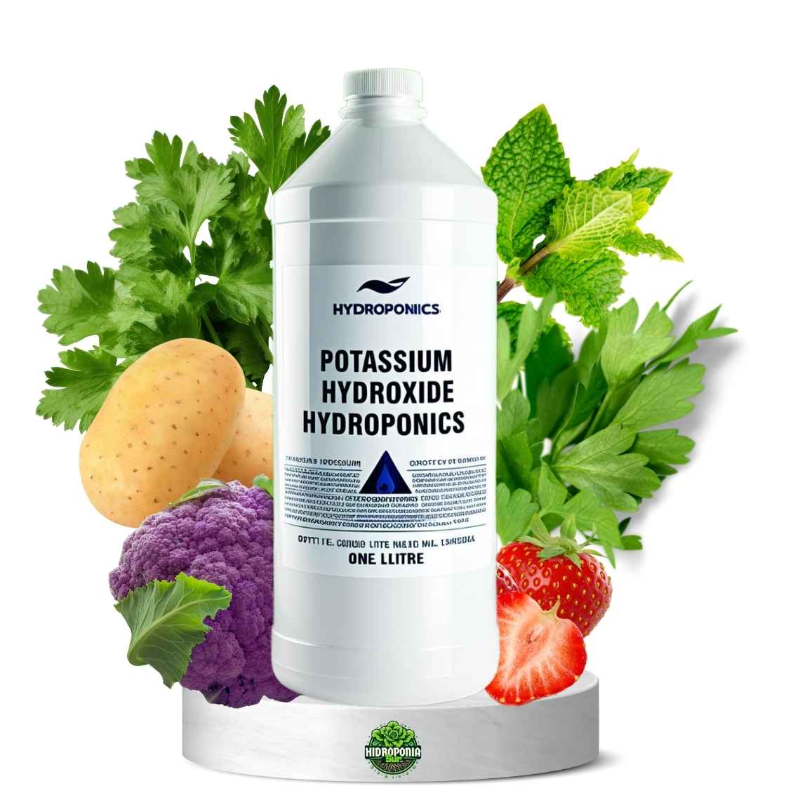 Botella de Hidroxido de Potasio Hidroponias con capacidad de un litro para ajustar el sube pH cultivo hidroponico
